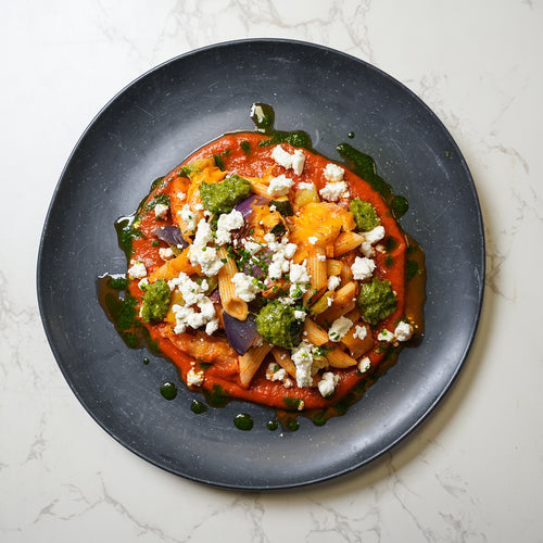 Mediterranean Vegetable Pasta Bake, Feta Cheese, Basil Pesto