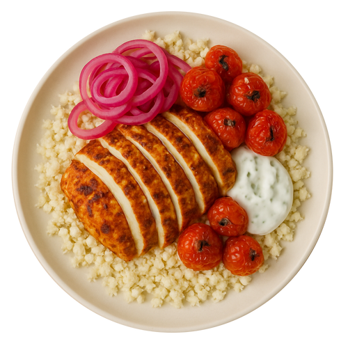 Moroccan Chicken, Cauliflower Couscous, Pickled Red Onion, Honey Roast Tomatoes Tzatziki (KETO)