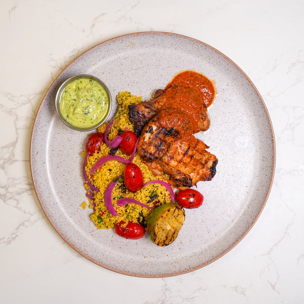 Moroccan Chicken, Vegetable Couscous, Pickled Red Onion, Honey Roast Tomatoes, Tzatziki