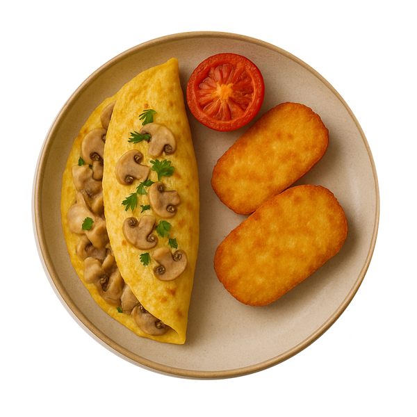 Chicken & Mushroom Omelette, Hash Browns, Grilled Tomatoes