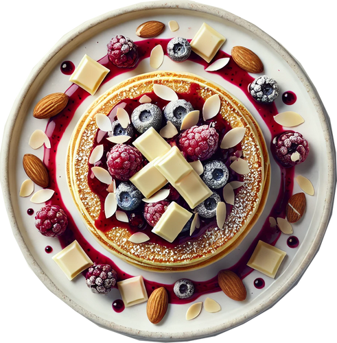 Protein Pancakes, Berry Compote, White Chocolate, Toasted Almonds