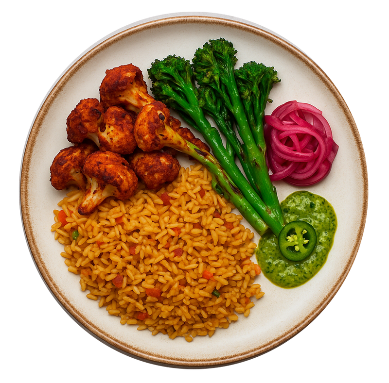 Peruvian Cauliflower Wings, Spiced Rice, Charred Tenderstem, Pickled Red Onion, Jalapeno & Coriander Sauce