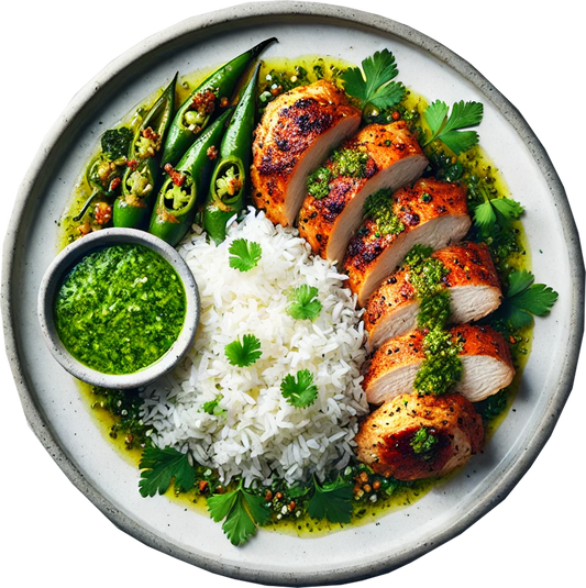 Peruvian Style Chicken Thigh, Spiced Rice, Charred Tenderstem, Jalapeno & Coriander Sauce