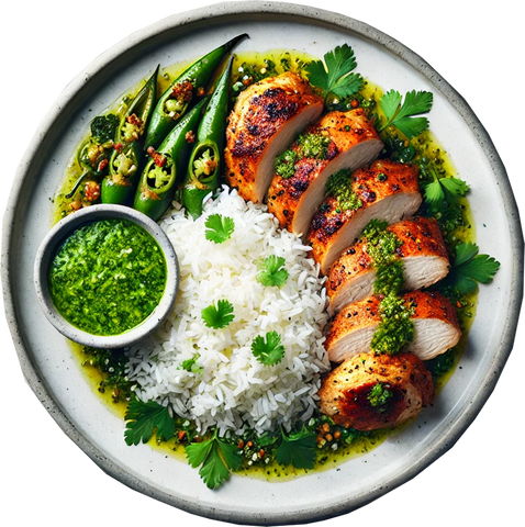 Peruvian Style Chicken Thigh, Spiced Rice, Charred Tenderstem, Jalapeno & Coriander Sauce