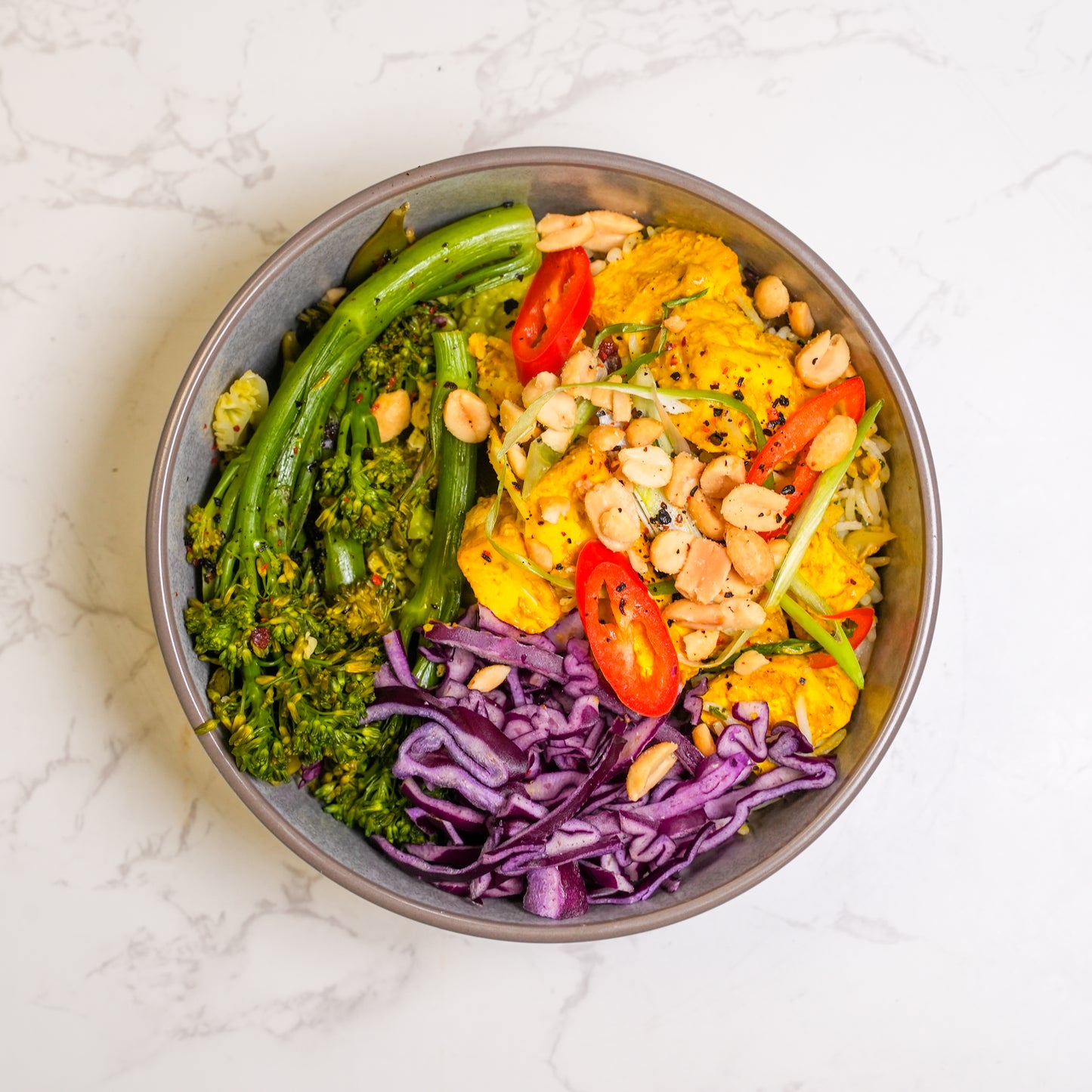 Peruvian cauliflower wings with spiced rice, charred tenderstem broccoli and jalapeno coriander sauce – healthy vegan meal prep UK