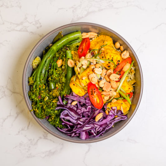 Peruvian cauliflower wings with spiced rice, charred tenderstem broccoli and jalapeno coriander sauce – healthy vegan meal prep UK