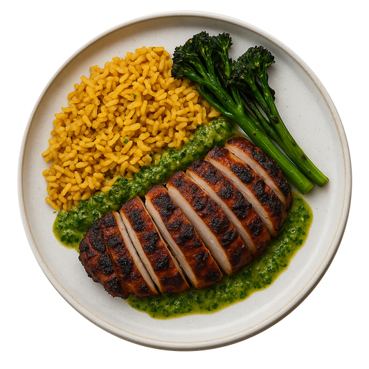 Peruvian Style Chicken Thigh, Spiced Rice, Charred Tenderstem, Jalapeno & Coriander Sauce
