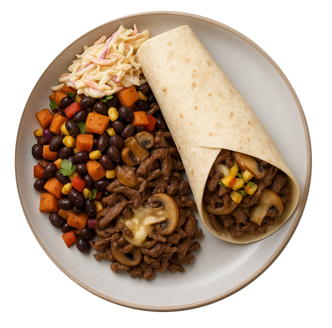 Philly Cheese Steak Wrap, Sweet Potato & Black Bean Salad, Bozu Slaw