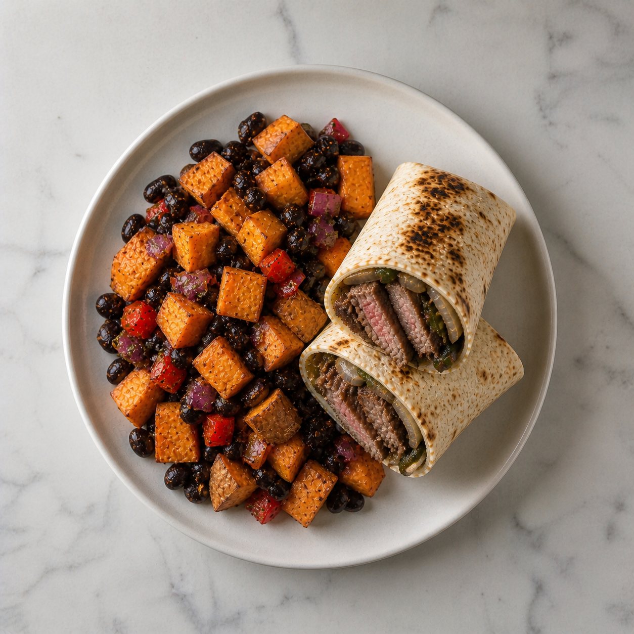 Philly Cheese Steak Wrap, Sweet Potato & Black Bean Salad, Bozu Slaw