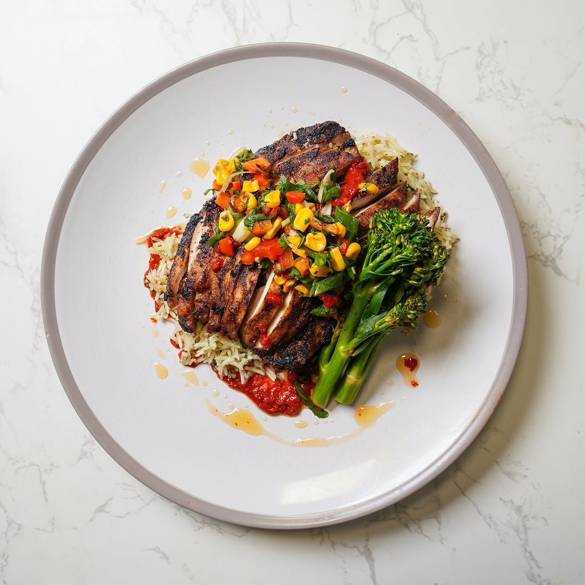 Piri Piri Chicken Breast, Coriander Rice, Charred Corn Cobblets, Jalapeno Relish