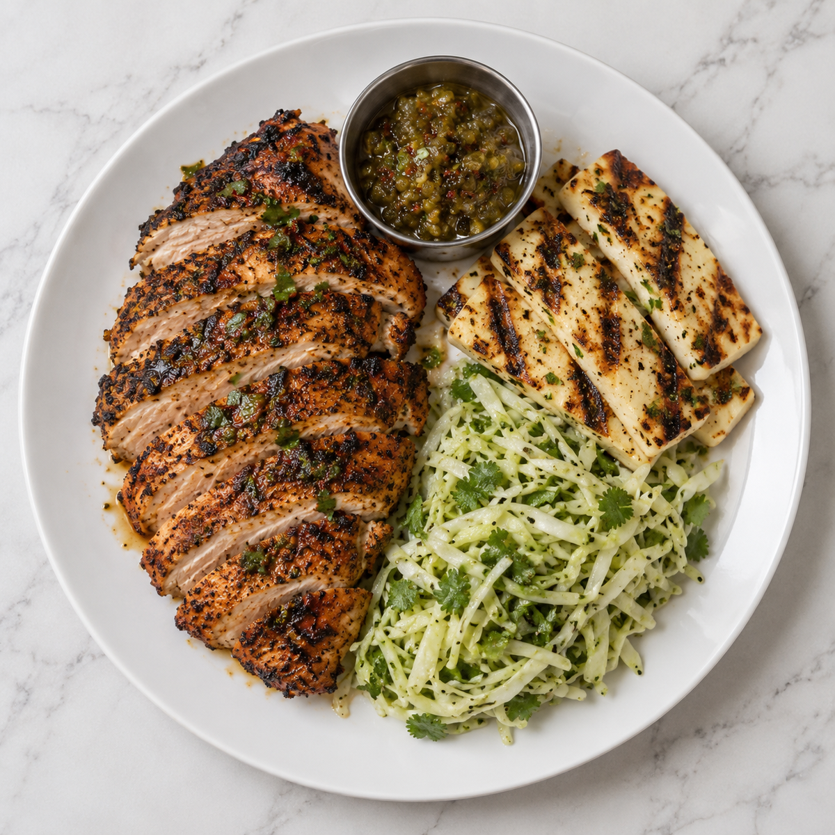 Piri Piri Chicken Breast, Shredded Cabbage & Coriander Slaw, Charred Halloumi, Jalapeno Relish (KETO)