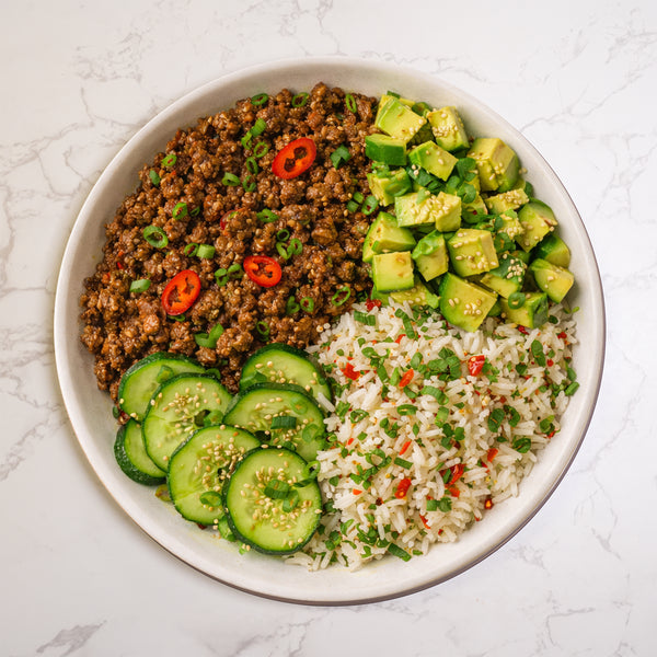 Ground Beef Poke Bowl with Chilli, Ginger, and Coriander Rice