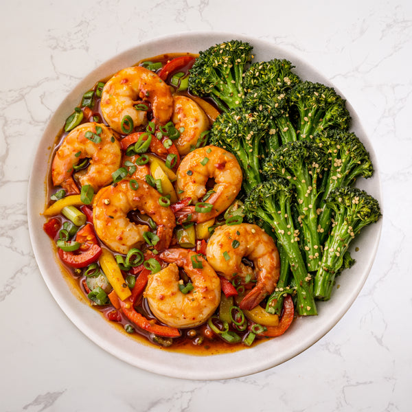 Chilli & Ginger King Prawn Stir Fry, Honey & Sesame Wok Fried Broccoli