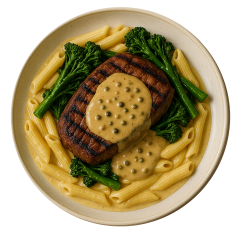 Rump Steak au Poivre Pasta, Fried Greens