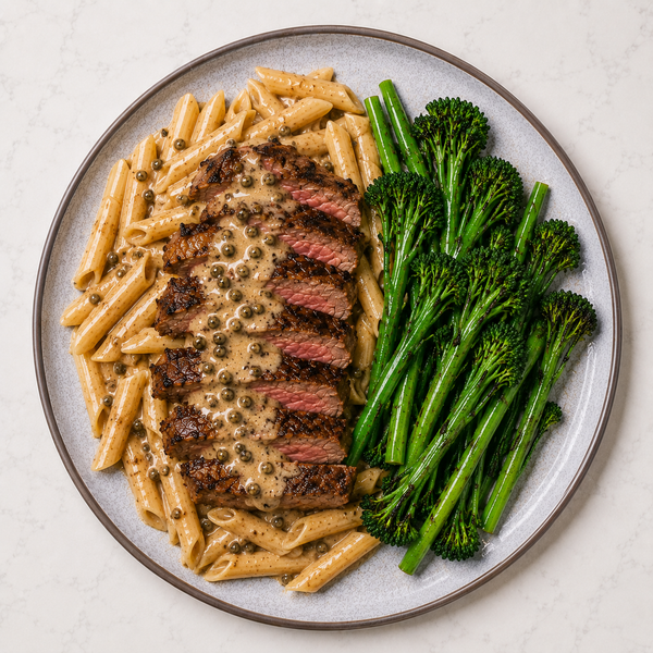 Rump Steak au Poivre Pasta, Fried Greens