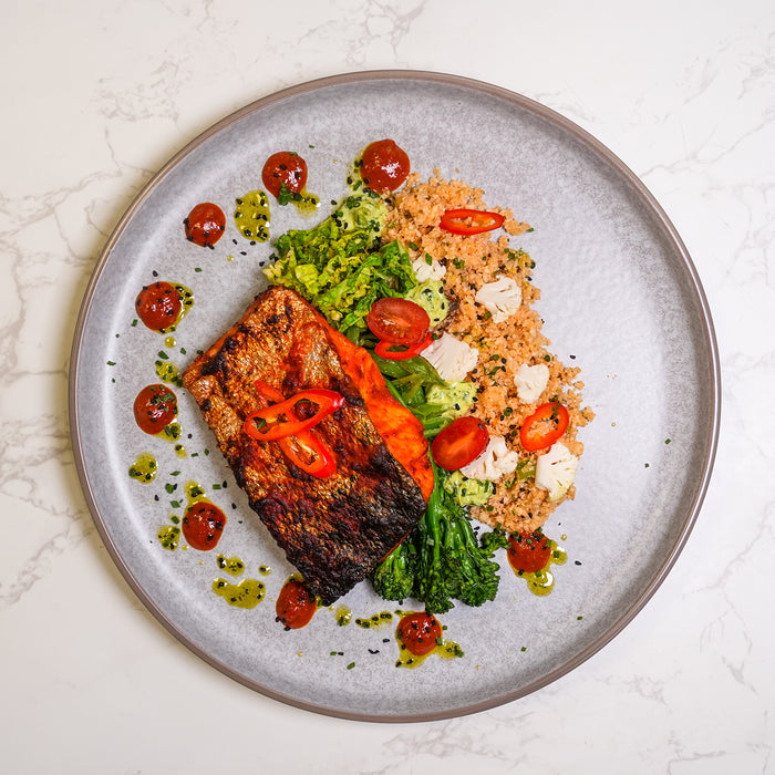 (KETO) Harissa & Lemon Spiced Salmon, Cauliflower Couscous, Fried Greens, Tzatziki