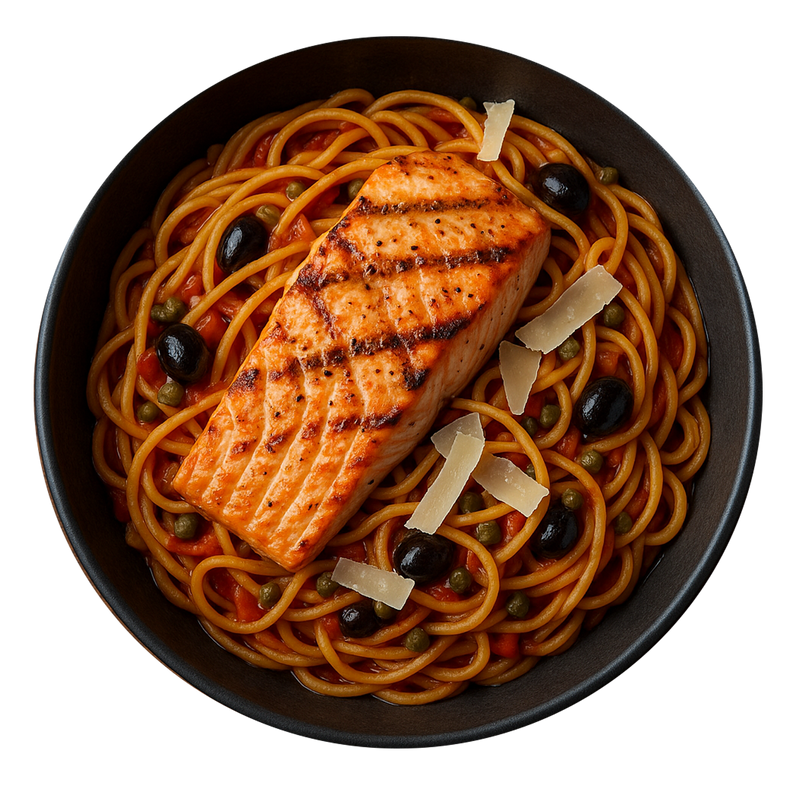 Grilled Salmon, Puttanesca Linguine, Parmesan Cheese