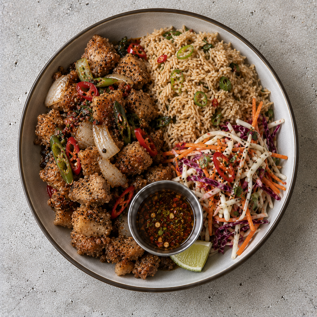 Salt N Pepper Chicken, Seasoned Rice, Asian Slaw, Chilli & Lime Dressing