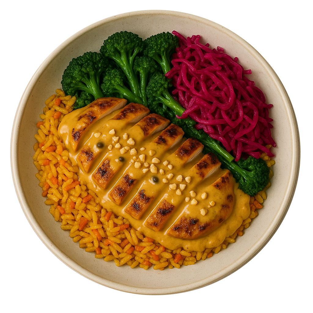 Satay Chicken Rice Bowl, Seasoned Rice, Fried Greens, Pickled Red Cabbage, Chopped Peanuts