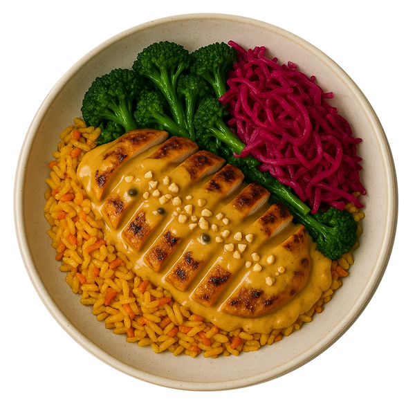 Satay Chicken Rice Bowl, Seasoned Rice, Fried Greens, Pickled Red Cabbage, Chopped Peanuts