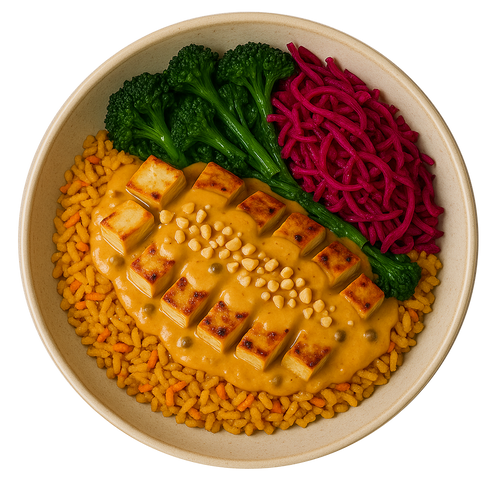 Satay Tofu Rice Bowl, Seasoned Rice, Fried Greens, Pickled Red Cabbage, Chopped Peanuts