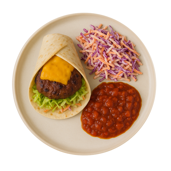 Smashed Cheeseburger Wrap, Keto Slaw, Burger Relish (KETO)
