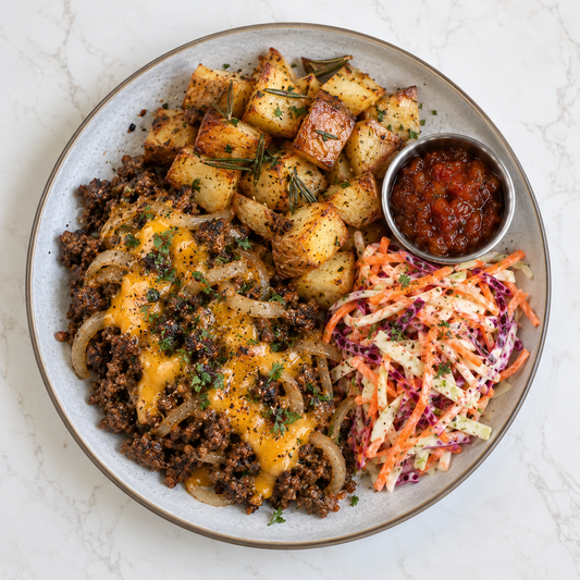 Smashed Burger Bowl, Rosemary Salt Parmentier Potatoes, Crunchy Slaw, Burger Relish