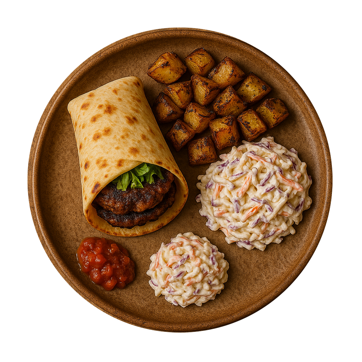 Smashed Burger Wrap, Parmentier Potatoes, Bozu Slaw, Burger Relish
