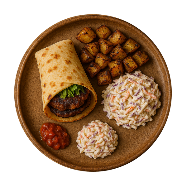 Smashed Burger Wrap, Parmentier Potatoes, Bozu Slaw, Burger Relish