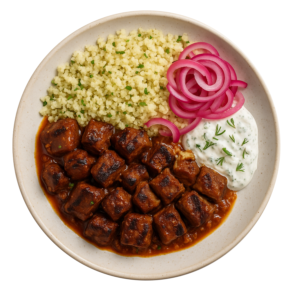 Stewed Beef Stiffado, Cauliflower Couscous, Pickled Red Onion, Tzatziki (KETO)