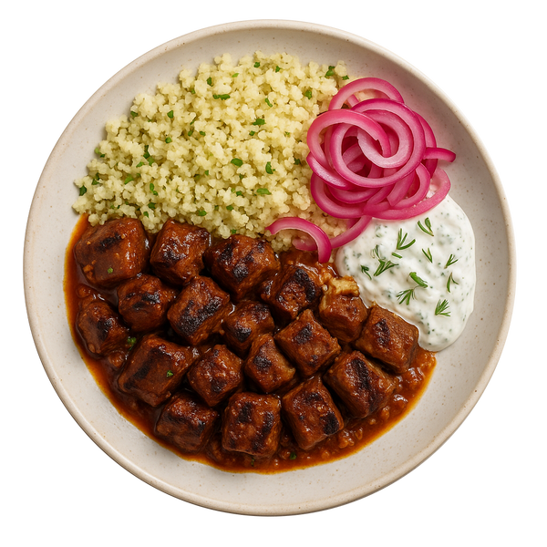 Stewed Beef Stiffado, Cauliflower Couscous, Pickled Red Onion, Tzatziki (KETO)