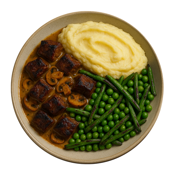 Braised Beef Stroganoff, Creamy Mashed Cauliflower, Peas & Bans (KETO)