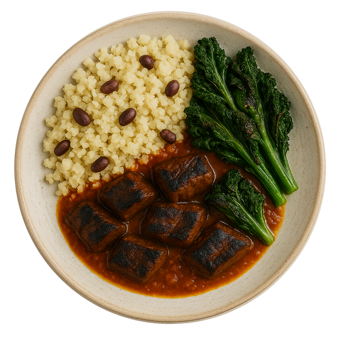 West African Beef Stew, Cauliflower Rice & Peas, Charred Greens (KETO)