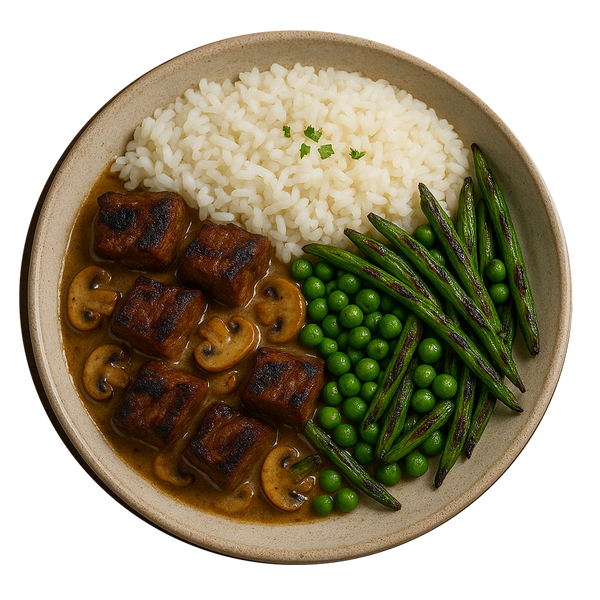 Braised Beef Stroganoff, White Rice, Peas & Beans