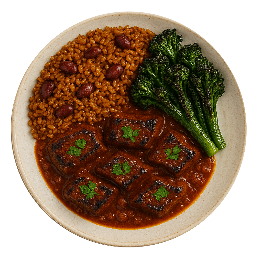 West African Beef Stew, Rice & Peas, Charred Greens