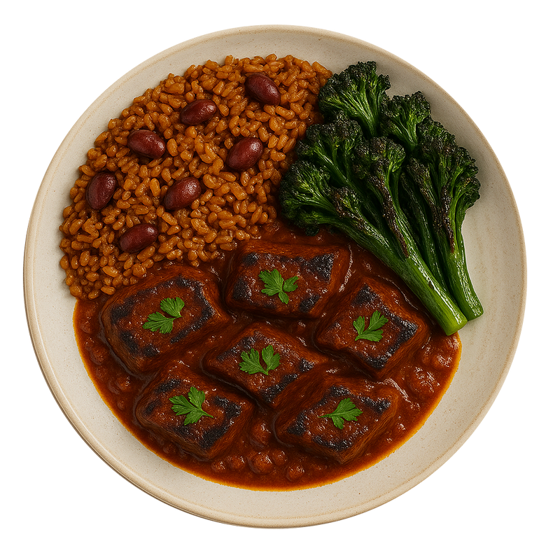 West African Beef Stew, Rice & Peas, Charred Greens