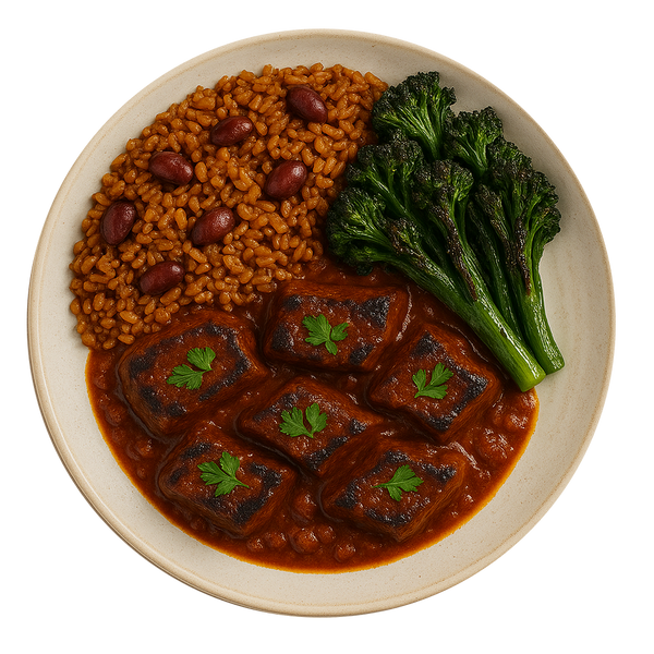 West African Beef Stew, Rice & Peas, Charred Greens