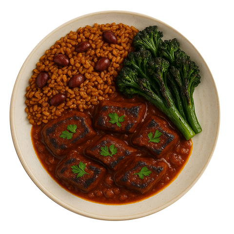 West African Beef Stew, Rice & Peas, Charred Greens