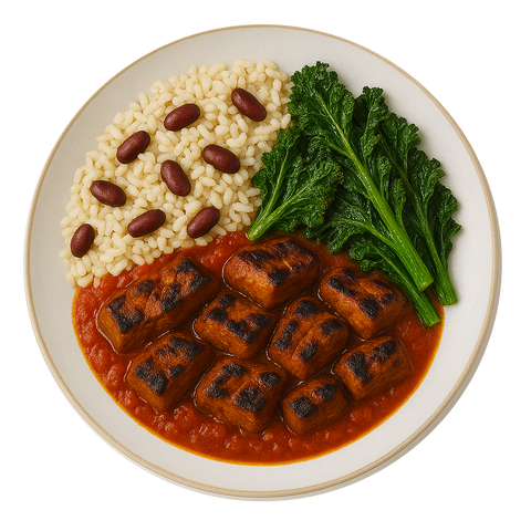 West African Beef Stew, Rice & Peas, Charred Greens