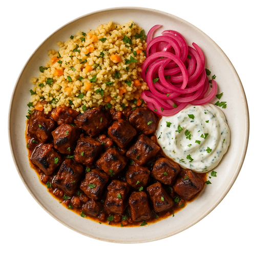 Stewed Beef Stiffado, Vegetable Couscous, Pickled Red Onion, Tzatziki