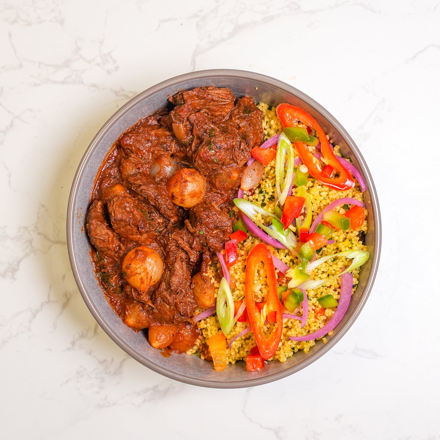 Stewed Beef Stiffado, Cauliflower Couscous, Pickled Red Onion, Tzatziki (KETO)