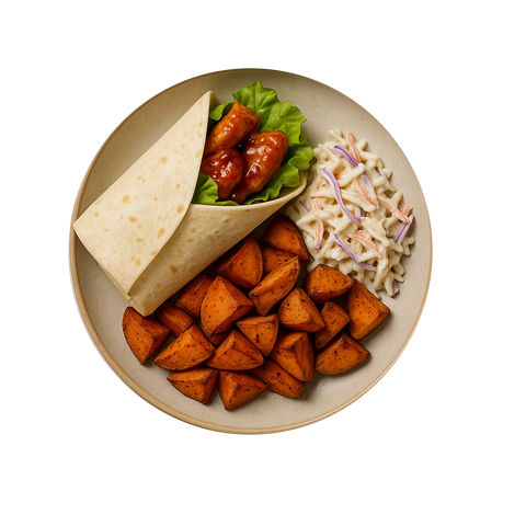 Sweet Chilli Chicken Wrap, Spicy Roasted Sweet Potato, Bozu Slaw