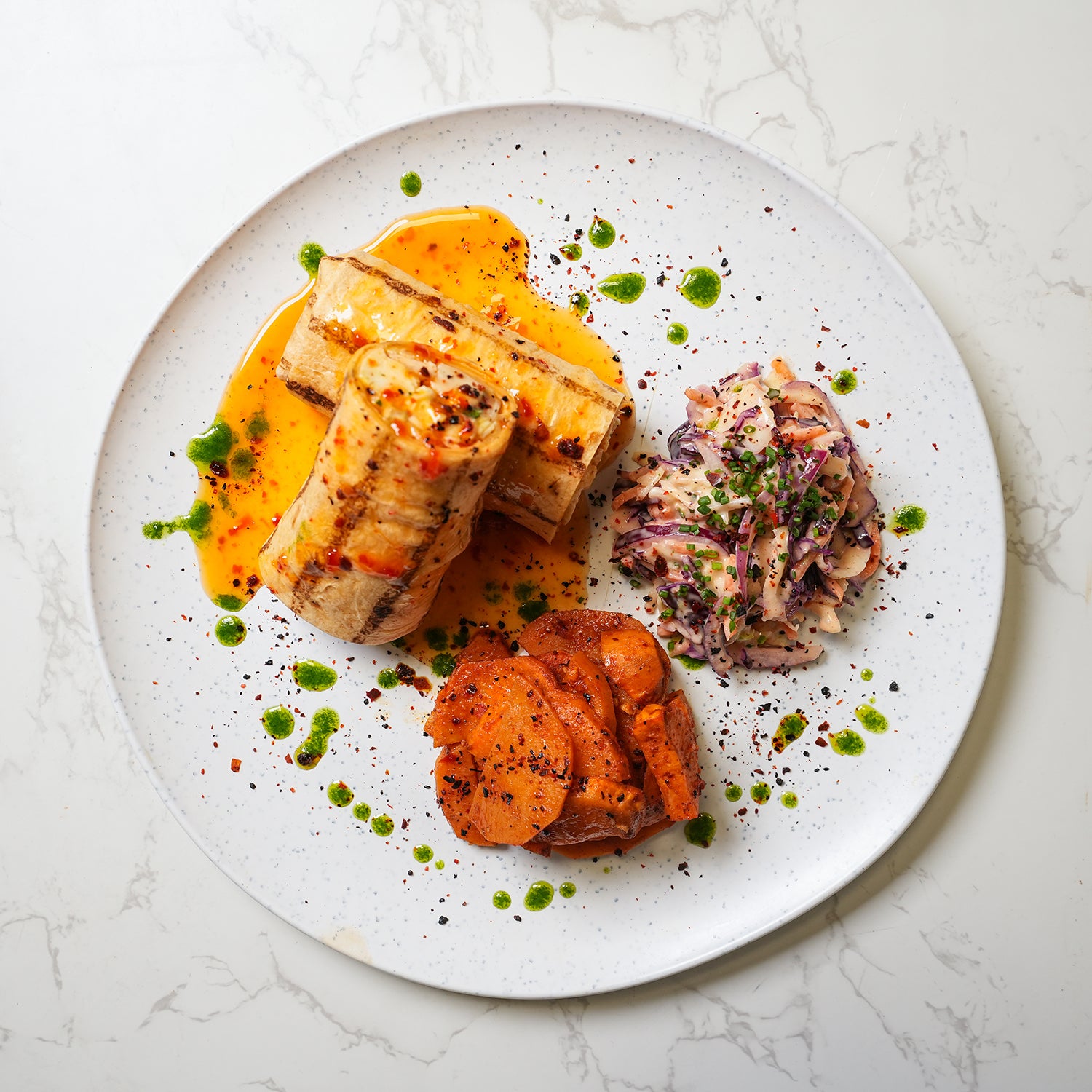 Sweet chilli chicken wrap with sweet potato and slaw – high protein healthy wrap meal prep UK delivery