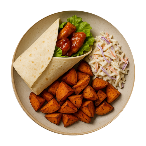 Sweet Chilli Chicken Wrap, Spicy Roasted Sweet Potato, Bozu Slaw