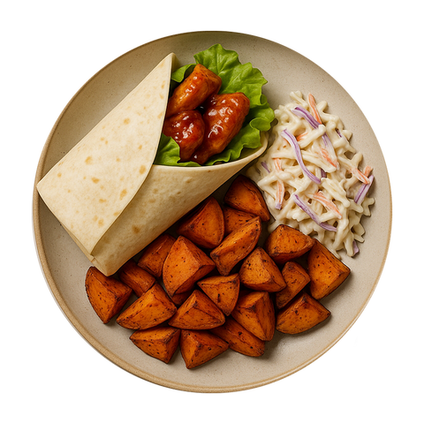 Sweet Chilli Chicken Wrap, Spicy Roasted Sweet Potato, Bozu Slaw