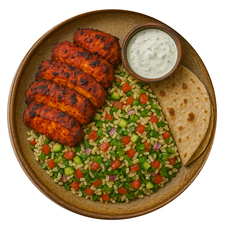 Tandoori Chicken Tikka, Chapati, Kachumber Salad, Mint Raita