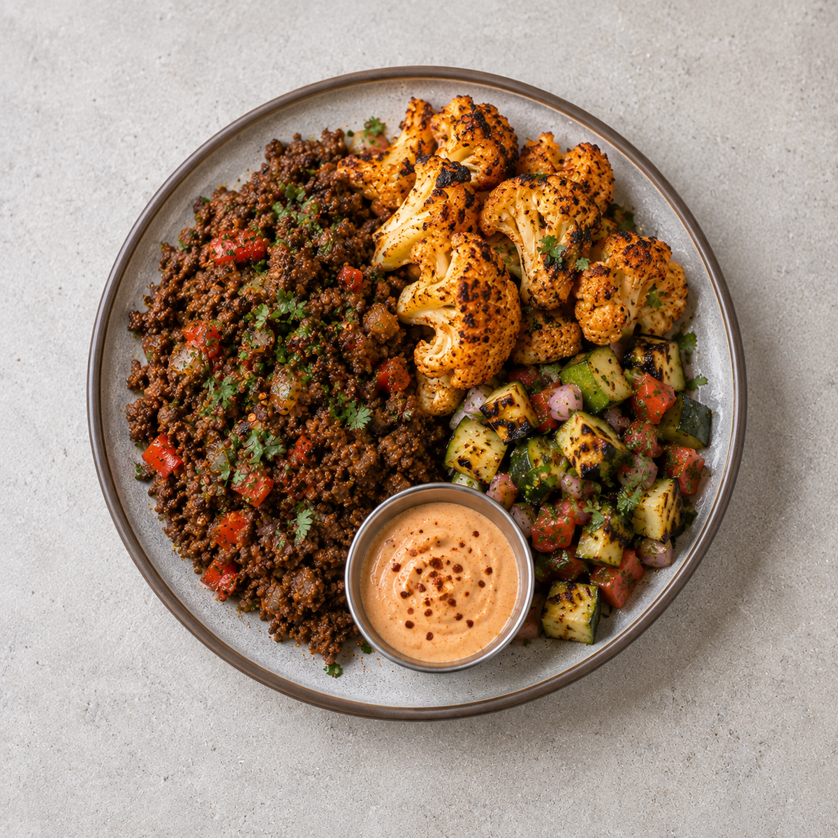 Tex-Mex Beef Bowl, Smoked Paprika Cauliflower Florets, Charred Courgette Salsa, Chipotle Crema (KETO)