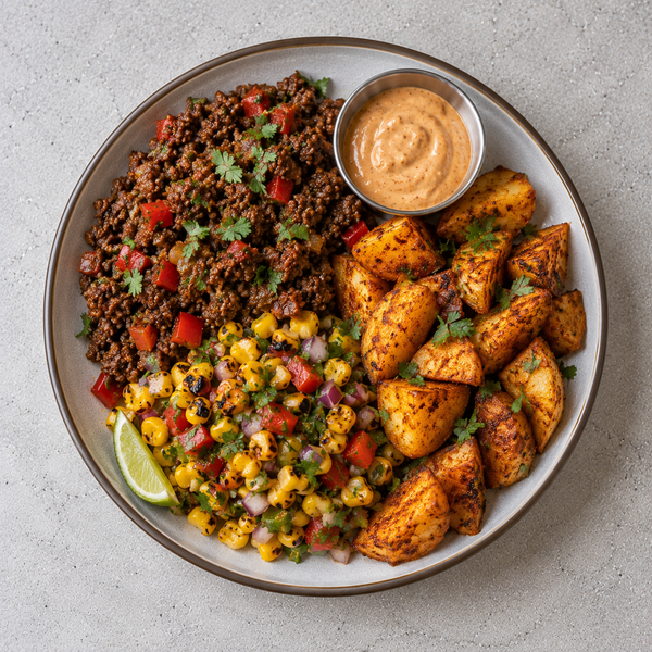 Tex-Mex Beef Bowl, Smoked Paprika Potatoes, Charred Corn Salsa, Chipotle Sauce