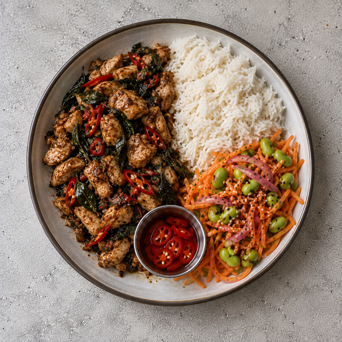 Thai Basil Chicken Bowl, White Rice, Carrot & Edamame salad, Pickled Chillies