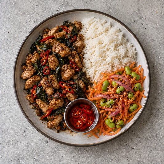 Thai Basil Chicken Bowl, White Rice, Carrot & Edamame salad, Pickled Chillies
